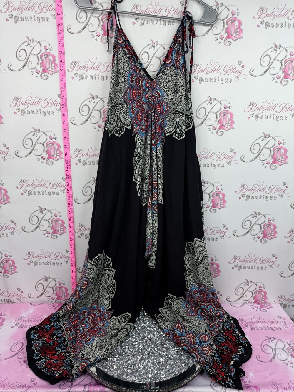 Jumper one piece Bohemian Black Maxi Dress with Red & Blue Paisley Print